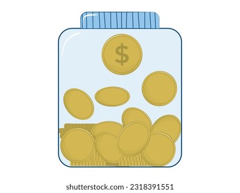 Glass money box for tips, savings or donations isolated on white background. Gold coins in a glass jar. Save money. 