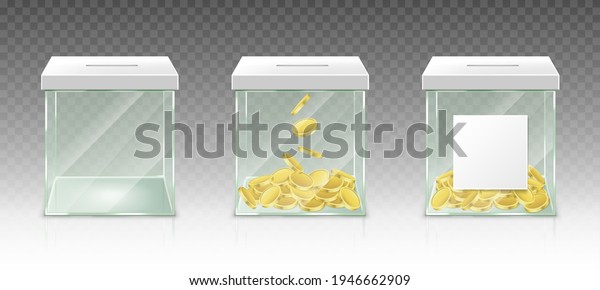 Glass money box for tips, savings or donations\
isolated on transparent background. Vector realistic set of 3d\
clear acrylic jar with gold coins and white blank label for pension\
fund, charity donate