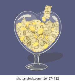 Glass money heart. Vector illustration. 