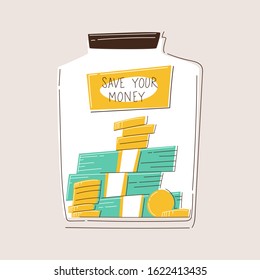 Glass money jar full of gold coins and bills. Saving dollar coin in moneybox. Growth, income, savings, investment. Symbol of wealth. Business success. Flat style vector illustration.