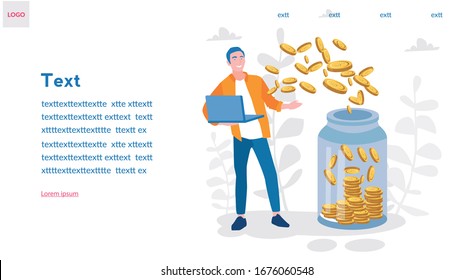 Glass money jar full of gold coins. Saving dollar coin, deposit. Vector illustration for web banner, infographics, mobile. Growth, income, savings, investment. Business success. 