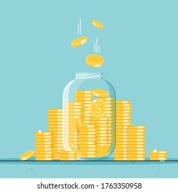 Glass money jar full of gold coins. Growth, income, savings, investment. Symbol of wealth. Business success. vector cartoon design.