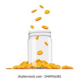 Glass money jar full of gold coins, Flat style vector illustration.
