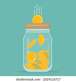 Glass money jar full of gold coins. Symbol of wealth. Business success. Vector illustration. Web banner. Eps 10.