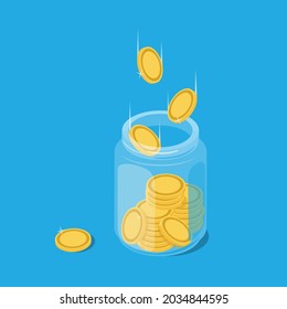Glass money jar full of gold coins. Saving dollar coin in moneybox. Growth, income, savings, investment. Symbol of wealth. Business success. Vector illustration