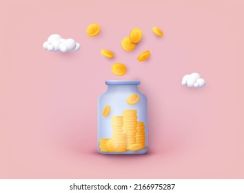 Glass money jar full of gold coins. Saving dollar coin in moneybox. 3D Web Vector Illustrations.