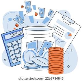 Glass money jar full of gold coins. Saving dollar coin in moneybox. Growth cash, financial income, savings, investment. Symbol of wealth. Business success. Entrepreneurial activity and accounting