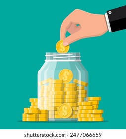 Glass money jar full of gold coins and hand. Saving dollar coin in moneybox. Growth, income, savings, investment. Symbol of wealth. Business success. Flat style vector illustration.