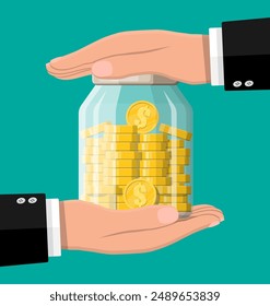 Glass money jar full of gold coins and hands. Saving dollar coin in moneybox. Growth, income, savings, investment. Symbol of wealth. Business success. Flat style vector illustration.