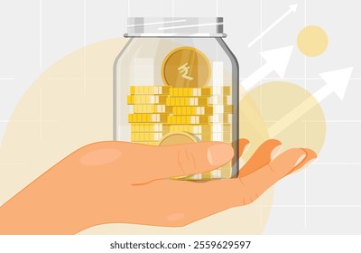 Glass money jar full of rupee coins on hand. Saving rupeecoin in money box. Growth, income, savings, investment. Symbol of wealth. Business success