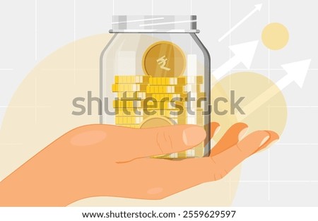 Glass money jar full of rupee coins on hand. Saving rupeecoin in money box. Growth, income, savings, investment. Symbol of wealth. Business success