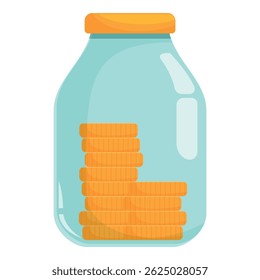 Glass money jar with a yellow lid is being filled with stacks of golden coins