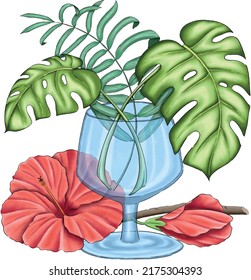 Glass with monstera and palm leaves and hibiscus flowers 