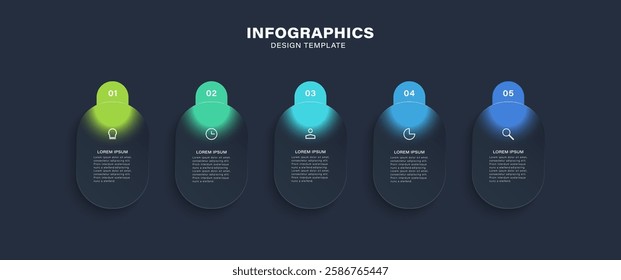 Glass morph inforgraphic 5 steps for presentation, web element or UI UX objects. Vector Illustration