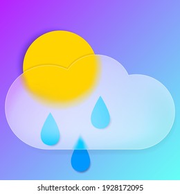 Glass morphism 3d illustration. Vector sky icon: sun covered with clouds, raindrops. Icon for mobile devices, mobile applications in the style of glass morphism.