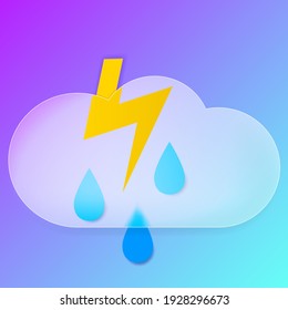 Glass morphism 3d illustration. Vector sky icon: sun covered with clouds, raindrops, lightning. Icon for mobile devices, mobile applications in the style of glass morphism.