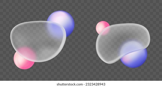 Glass morphism 3d vector effect set with blob shape. Gradient blur abstract texture effect in pink and blue eps template. Plastic ball ui design plate mockup. Futuristic blurry glassy color elements