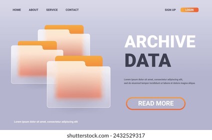 Glass morphism archive data service horizontal landing page. Glass document storage vector illustration