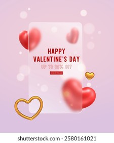 Glass morphism  Background with 3D heart icon, Valentine Day  Realistic elements for romantic design.