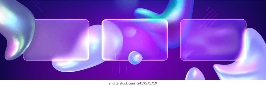 Glass morphism background with abstract fluid holographic shapes and transparent blur rectangular banners on purple bg. Realistic 3d vector illustration of frosted geometric frames template.
