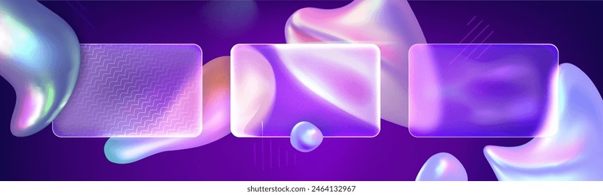 Glass morphism background with abstract fluid holographic shapes and transparent blur rectangular banners on purple bg. Realistic 3d vector illustration of frosted geometric frames template.