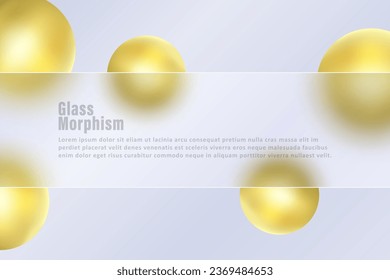 Glass morphism background. Glass banner made of transparent frosted glass and golden spheres on a light background.