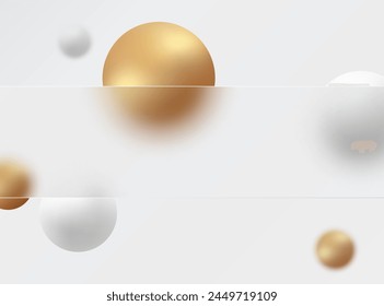 Fondo de morfismo de vidrio. Anuncio de vidrio hecho de vidrio esmerilado transparente con esferas doradas y blancas sobre un fondo claro.