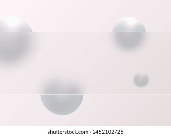 Glass morphism background. Glass banner made of clear frosted glass with silver spheres on a light background.