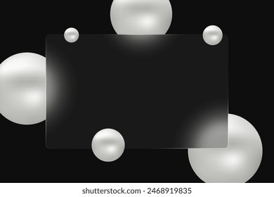 Glass morphism background. Glass banner made of clear frosted glass with white spheres on a black background.