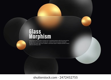 Glass morphism background. Glass banner made of transparent frosted glass with gold, black and white spheres on a black background.