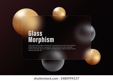 Glass morphism background. Glass banner made of clear frosted glass with gold and black spheres on a black background.