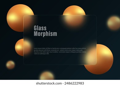 Glass morphism background. Glass banner made of clear frosted glass with golden spheres on a dark background.