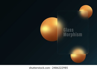 Glass morphism background. Glass banner made of clear frosted glass with gold spheres on a dark background and space for text.