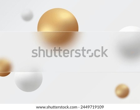 Glass morphism background. Glass banner made of transparent frosted glass with gold and white spheres on a light background.
