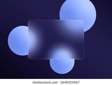 Glass morphism background with cool blue spheres and frosted transparent panel