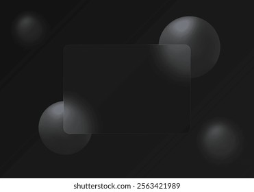 Glass morphism background with a dark gradient background separated by translucent glass. The design includes floating black spheres adding depth and fluidity, suitable for modern projects