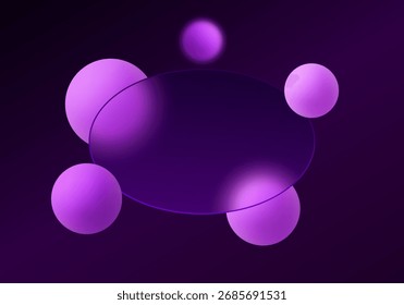 Fundo de morfismo de vidro com esferas roxas brilhantes e painel oval transparente