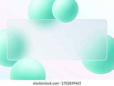 Fondo de morfismo de vidrio con esferas de color verde menta y un panel rectangular mate