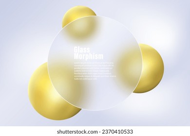 Glass morphism background. Glass round banner made of transparent frosted glass and gold spheres on a light background.