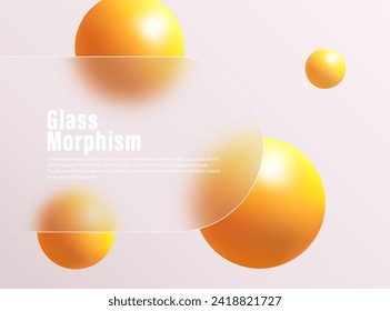 Glass morphism banner template. Banner made of transparent plastic with a blur effect and orange spheres.