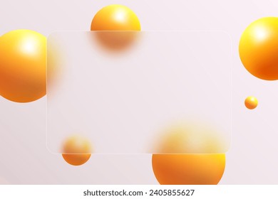 Glass morphism banner template. Plastic rectangle made of transparent plastic with a blur effect. Spheres morphism abstract art.