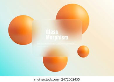 Glass morphism banner template. Plastic rectangle made of transparent plastic with a blur effect. Spheres morphism abstract art.