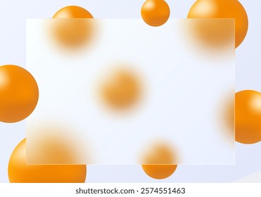 Glass morphism banner template. Plastic rectangle made of transparent plastic with blur effect. Spheres morphism abstract art.