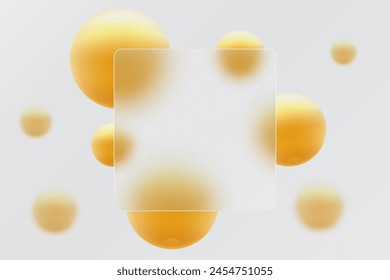 Glass morphism banner template. Transparent square made of clear glass with blur effect. Morphism of spheres of abstract art.