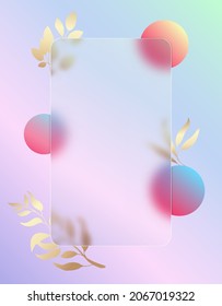 Glass morphism with blurred balls and golden branch. Transparent floral background. Blurred balls and branches. Abstraction in pink and blue colors. Vector illustration.