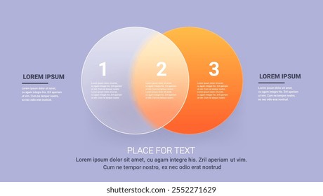 Glass morphism business infographic with two round panel. Transparent three steps strategy template illustration