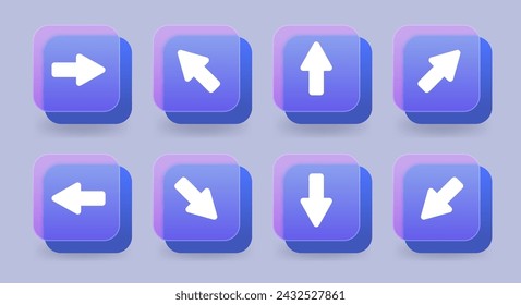 Glass morphism buttons set with direction way arrows. Vector element illustration