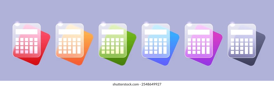 Glass morphism calculator icon set in various color. Vector economy element illustration