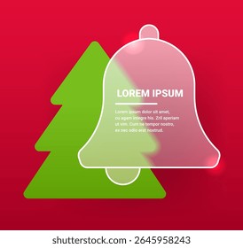 Morfismo de vidro ícone do sino de Natal no fundo vermelho. Modelo de vetor de notificação de feriado