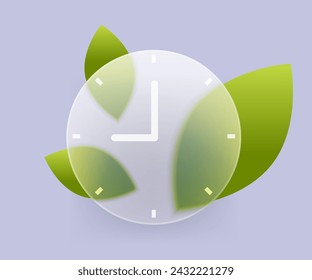 Glass morphism clock with green leaves. Bio clock vector sign